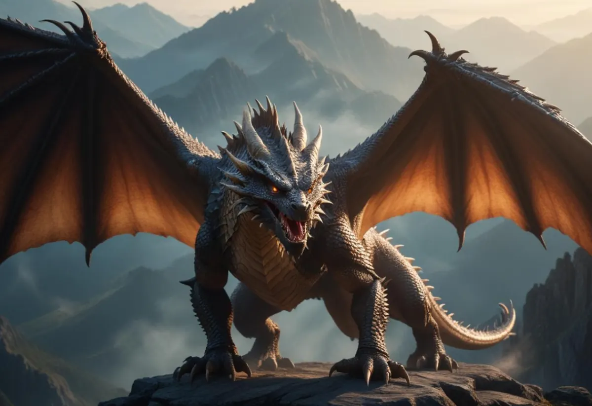 Generated still of a dragon on a mountain ridge at golden hour