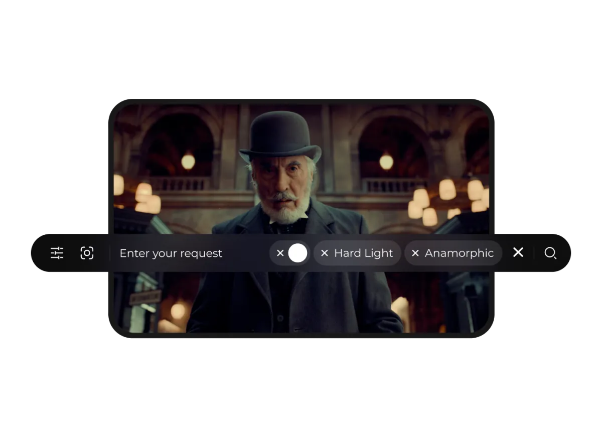 Genery search bar over a film still, with Hard Light and Anamorphic tags